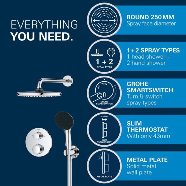 GROHE Precision Round - Concealed Shower System with 2 Outlets Thermostat (25 cm Round Head Shower 1 Spray, 11 cm Round Hand Shower 2 Sprays, Shower Hose 1.5 m, Circular Trim), Chrome, 34883000 - Image 4
