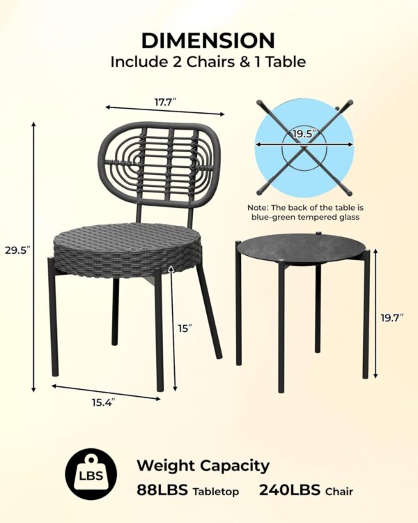 3 Pieces Patio Set, Outdoor Wicker Bistro Set All-Weather Rattan Deck Conversation Set of 3 with Table & Cushions for Deck, Patio, Balcony, Backyard, Black - Image 7