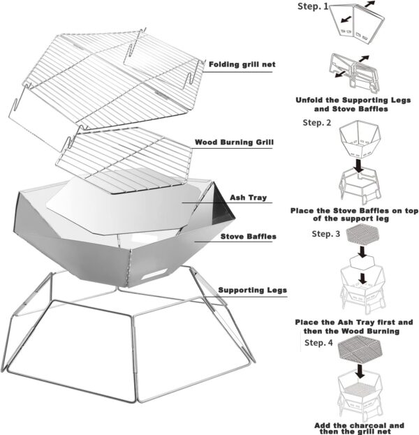 BBQ Charcoal Grill 304 Stainless Steel Camping Fire Pit,Large Cpacity Hexagonal Collapsible Campfire Grill with Carrying Bag for Outdoor Cooking Camping Picnic & Bonfires - Image 8