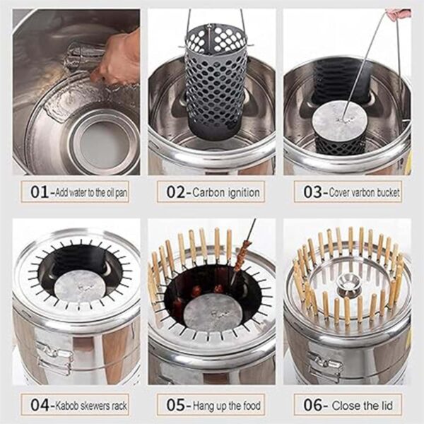 YJKKZQLB Stainless Steel BBQ Mesh Barrel Rolling Grill Basket Portable Charcoal Grill Stainless Steel BBQ Grill Vertical Hanging Grill Oven Silver Versatile Round Grill Cooking - Image 4
