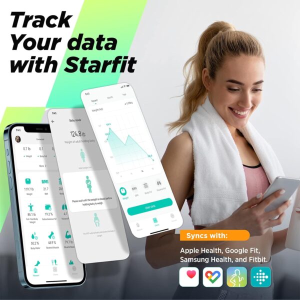 Scales For Body Weight, Runstar Digital Bathroom Scales High Accuracy Weighing Scales with Color Display for BMI Body Fat 13 Body Composition Analyzer Sync with Fitness App -White - Image 6