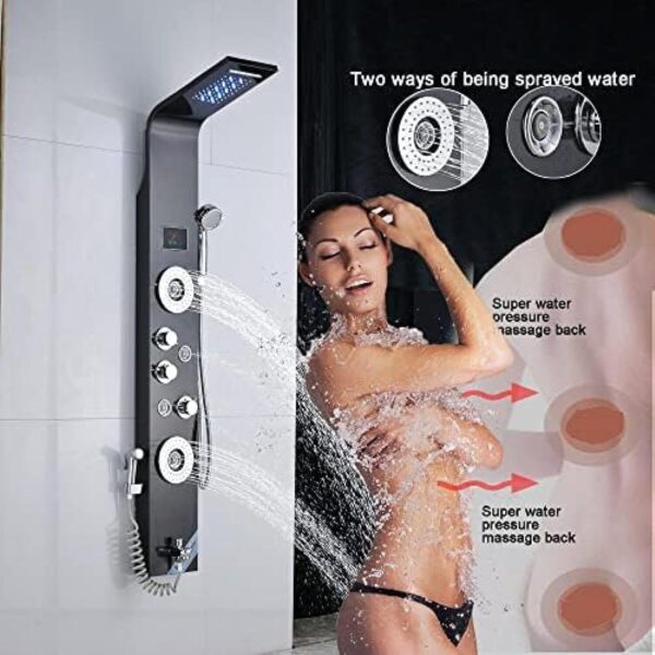 Stainless Steel Shower Panel Tower System,LED Rainfall Waterfall Shower Head 5-Function Faucet Rain Massage System with Body Jets-Brushed Nickel C,Black E - Image 4
