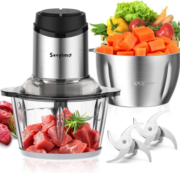 Sovyime Food Processor with 2 Bowls (2L+2L), Mini Chopper Electric Food Chopper, 2 Bi-Level Blades Mini Food Processors Meat Grinder for Kitchen Meat, Vegetables, Onions,Nuts,Fruit, Baby Food, 2 Speed - Image 2