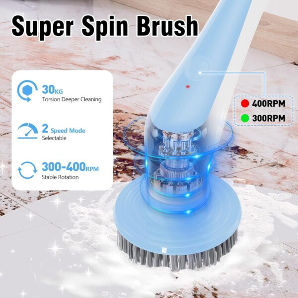 Homtronics Electric Spin Scrubber, [IPX8 Waterproof] Cordless Electric Cleaning Brush with 4 Replaceable Brush Heads, 120cm Adjustable Long Handle Power Scrubber for Bathroom, Tub, Floor, Pool (Blue) - Image 5