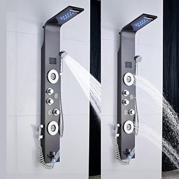 Stainless Steel Shower Panel Tower System,LED Rainfall Waterfall Shower Head 5-Function Faucet Rain Massage System with Body Jets-Brushed Nickel C,Black E - Image 5