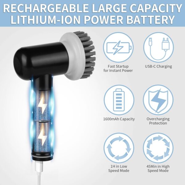 Electric Cleaning Brush, Cordless Electric Scrubber with 3 Replaceable Brushes, Waterproof Electric Spin Scrubber for Cleaning Bathroom, Kitchen, Floor, Rechargeable Power Scrubber, Black - Image 6