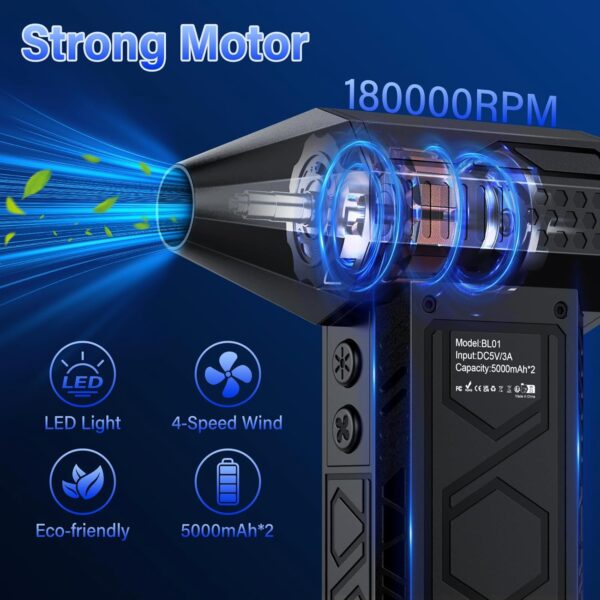 Compressed Air Duster,180000RPM Electric Air Duster,4-Gear Speed Compressed Air Cleaner for PC with LED Lighting,Air Blower Cleaner for Computer, Keyboard, Car,Outdoor BL01 - Image 4