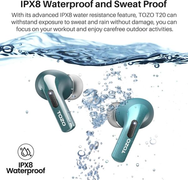 TOZO T20 Wireless Earbuds, Bluetooth Earphones 48.5 Hrs Playtime with LED Digital Display, IPX8 Waterproof, Dual Mic Call Noise Cancelling, 10mm Broad Range Speakers (Green) - Image 8