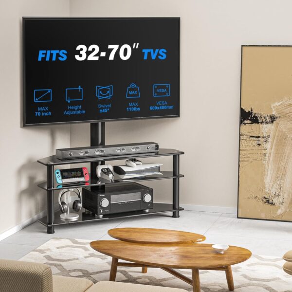 RFIVER Corner TV Stand for 32-70 inch LED LCD OLED Plasma Flat Curved TVs, Height Adjustable TV Cabinet With Bracket up to 40kgs, Swivel TV Floor Stand with Tempered Glass Shelves Max VESA 600x400mm - Image 4