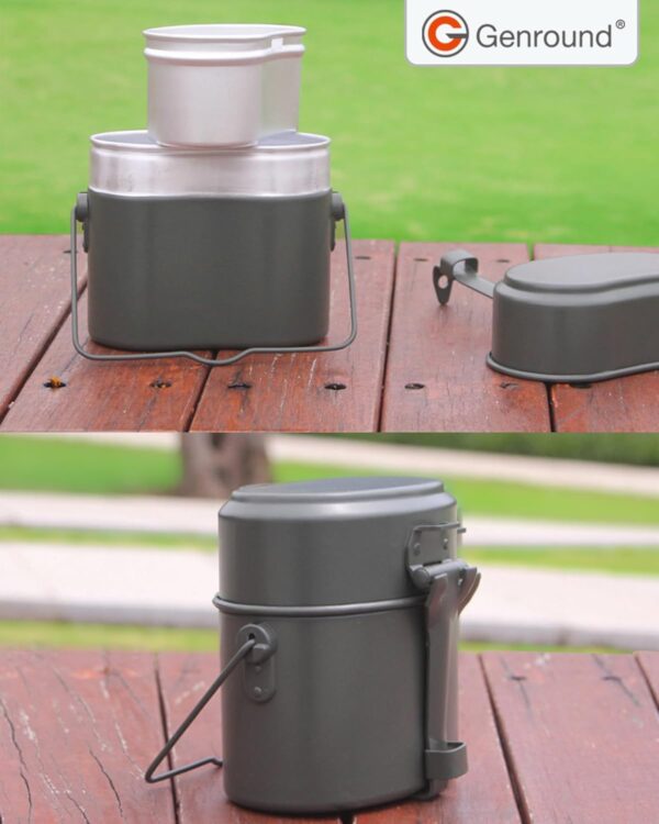 Camping Cookware Mess Kit,Camp Cook Set, Germany Military Green Mess Kit, 3 in 1 Aluminum Camp Pot, Lightweight Camping Pots and Pans Set - Image 8