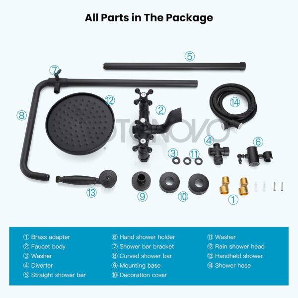 gotonovo Bathroom Shower Faucet Rain Mixer 8 Inch Round Shower Head Double Cross Handle with Tub Spout Wall Mount Bathroom Shower Fixtures 3 Function Metal Handheld Sprayer Matte Black - Image 8