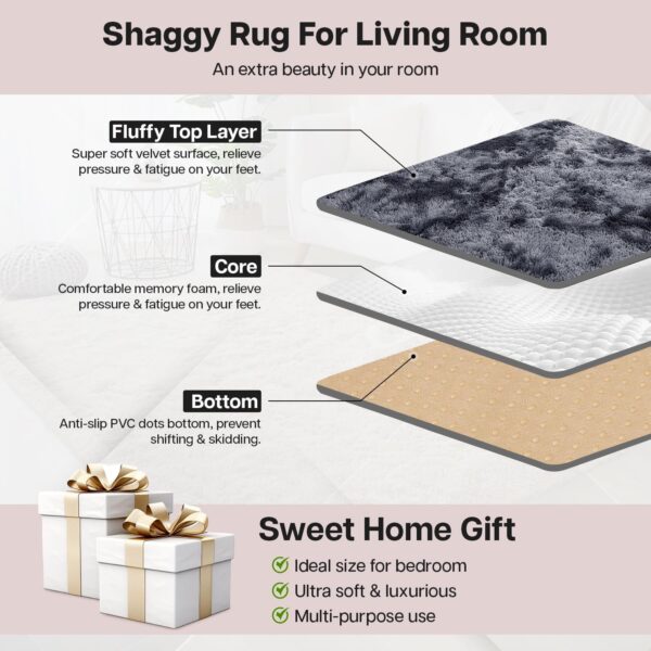 Aspire Homeware Rugs Living Room - Dark Grey Area Rugs for Bedroom Anti Slip - Modern Super Soft Thick Pile Fluffy Shaggy Rug Non Shedding (Tye-Dye Grey, 60x110 cm) - Image 4