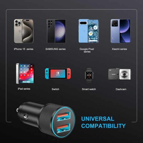 36W Car Charger for iPhone 16 15 Pro Max 16e, Samsung Galaxy S25 S24 S23 S22, Google Pixel 9 8 7, Android, 36W 2-Port QC Fast Charging Cigarette Lighter Adapter & 1m Type-C Cable, 12V/24V USB Socket - Image 5