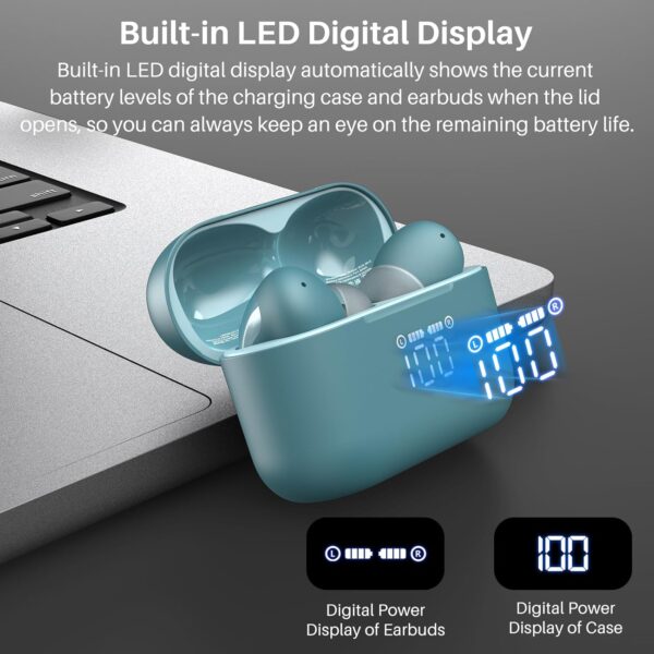 TOZO T20 Wireless Earbuds, Bluetooth Earphones 48.5 Hrs Playtime with LED Digital Display, IPX8 Waterproof, Dual Mic Call Noise Cancelling, 10mm Broad Range Speakers (Green) - Image 3