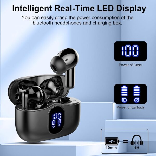 Wireless Earbuds, Bluetooth 5.4 Headphones In Ear with 4 ENC Mic, New Wireless Earphones Noise Cancelling Deep Bass, LED Display, Bluetooth Earbuds 36H Playtime, IP7 Waterproof Ear buds, USB-C, Black - Image 6