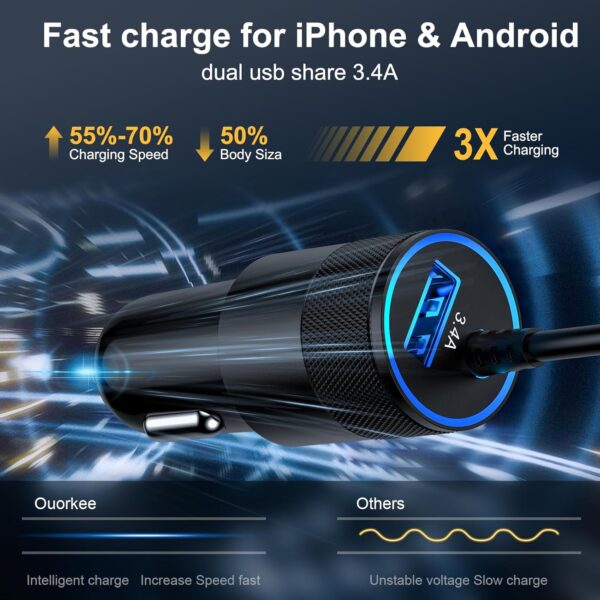3.4A Car Charger Cigarette Lighter with 3.3ft USB C Cable Fast Charge Car Phone Charger Socket for iPhone 16 Pro Max Plus 15/13/14/12 Samsung S25 S25Ultra S24 S23 S22 A54 A13 A14 A05s iPad - Image 4