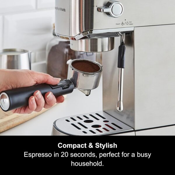 Morphy Richards Compact Espresso Machine, Dual Cup, 1L Water tank, Variable Steam Control and Milk Frother Wand, Ground Coffee and ESE Pod Compatible, Stainless Steel, 172022 - Image 3