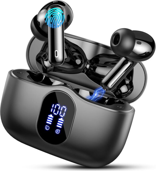 Wireless Earbuds, Bluetooth 5.4 Headphones In Ear with 4 ENC Mic, New Wireless Earphones Noise Cancelling Deep Bass, LED Display, Bluetooth Earbuds 36H Playtime, IP7 Waterproof Ear buds, USB-C, Black - Image 2