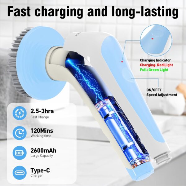 Homtronics Electric Spin Scrubber, [IPX8 Waterproof] Cordless Electric Cleaning Brush with 4 Replaceable Brush Heads, 120cm Adjustable Long Handle Power Scrubber for Bathroom, Tub, Floor, Pool (Blue) - Image 6