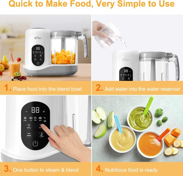 Bear Baby Food Processer, Auto Cooking and Grinding with 4 Menu Multifunctional Baby Food Maker and Steamer Puree Blender, Self Cleans, Touch Screen Control, White - Image 5