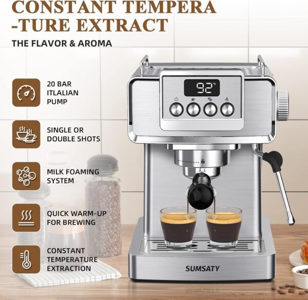 Espresso Machine, Stainless Steel Espresso Machine with Milk Frother for Latte, Cappuccino, Machiato,for Home Espresso Maker, 1.8L Water Tank, 20 Bar - Image 4