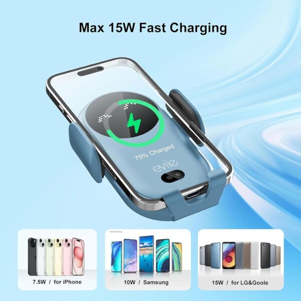 Car Phone Holder Wireless Charger with gift box, 15W Touch Auto-Clamping Dashbaord Phone Holder For Cars, For iphone 16 15 14 13 + Series, Samsung galaxy BLUE - Image 5