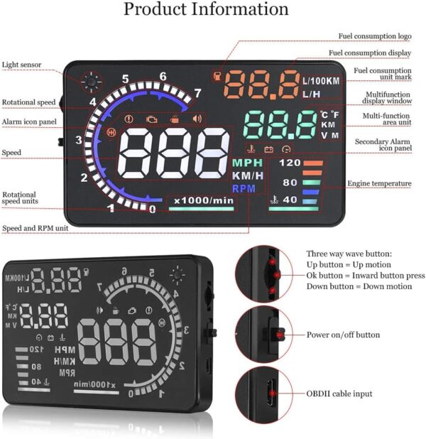 Arestech 5.5 inches A8 OBD2 Windshield HUD Head Up Display with Display RPM MPH Speeding Warning Fuel Consumption Temperature - Image 5