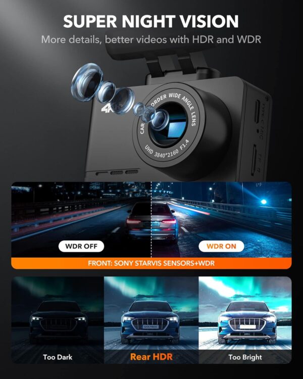 WOLFBOX D07 4K Dash Cam Front and Rear Built-in WiFi GPS, 4K/2.5K + 1080P Dual Dashcam, Car Camera Dash cam with G-Sensor, Smart Parking Monitor, Loop Recording, Super Night Vision, Super Capacitor - Image 6