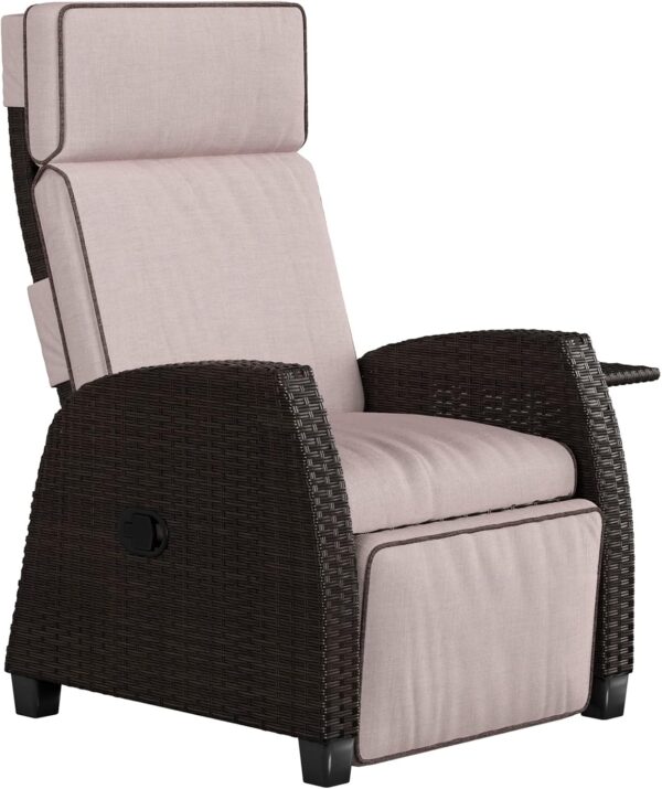 Grand patio Recliner Sun Lounger for Garden, Adjustable Position Height Armchair with Flip Table and Cushion, Lounge Chair for Indoor, Outdoor (Brown Wicker, Grey Cushion) - Image 6