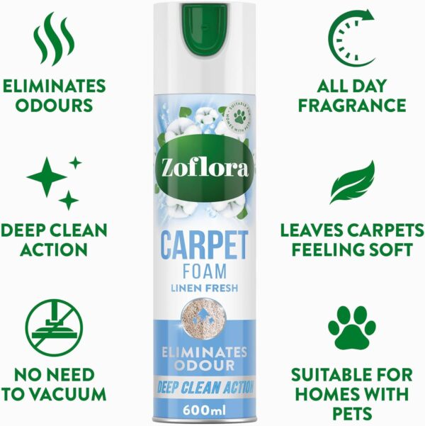 Zoflora Linen Fresh Carpet Freshener & Care Foam, Carpet Cleaner,Stain Remover Foam for Carpets and Upholstery, Neutralises Odours, Deep Cleans, Pet Safe, 1x 600 ml - Image 3