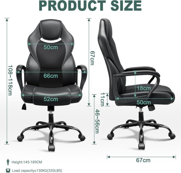 Office Chair, Ergonomic Computer Chair for Home Gaming Business, Adjustable Height Durable Comfy Executive Chairs, 150kg Black - Image 4