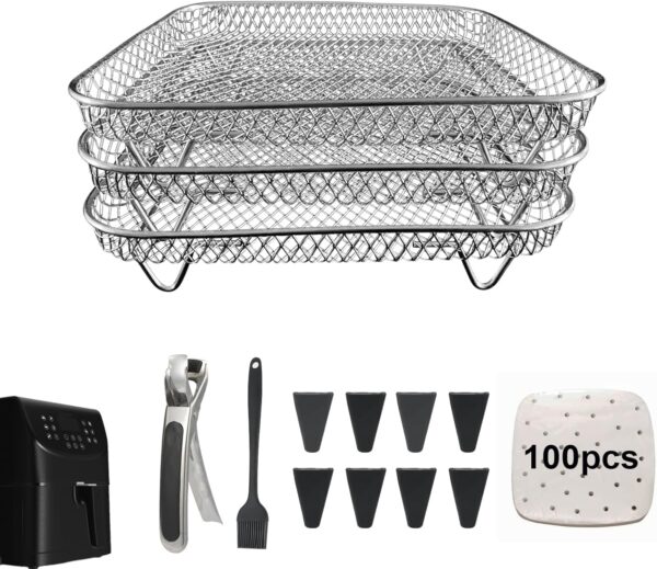 Square Air Fryer Rack Set by Magla. Compatible with Ninja Speedi 5.7L, Cosori 5.5L, Tefal 6.5L etc. Including 8 Extendable Feet and 100 Parchment Paper. Air Fryer Accessories, UK Brand - Image 2
