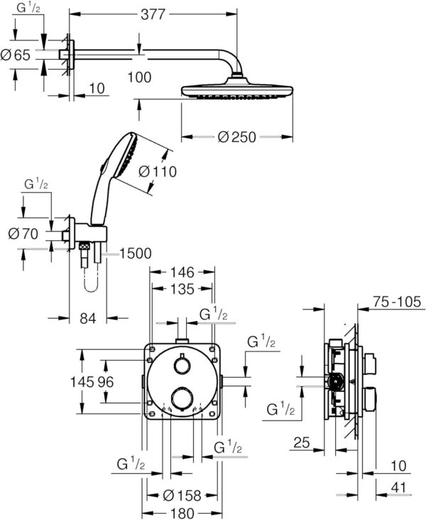 GROHE Precision Round - Concealed Shower System with 2 Outlets Thermostat (25 cm Round Head Shower 1 Spray, 11 cm Round Hand Shower 2 Sprays, Shower Hose 1.5 m, Circular Trim), Chrome, 34883000 - Image 13