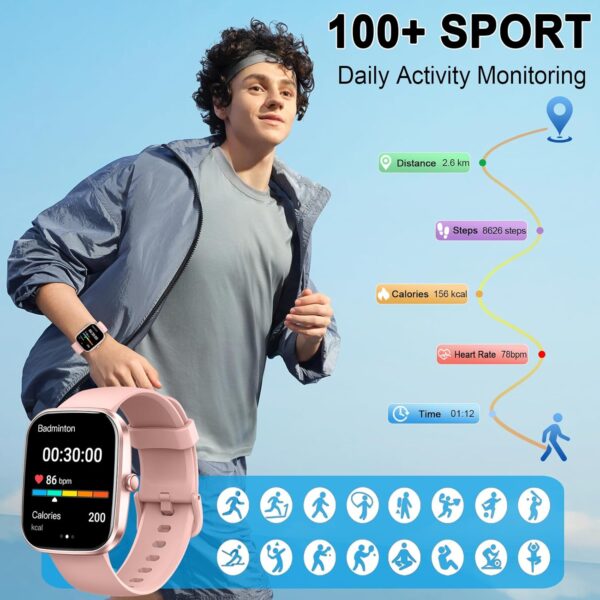 Smart Watch, 2025 HD 1.91" Smartwatch for Men Women with Answer/Make Calls, Heart Rate/Sleep Monitor, 112+ Sports Step Counter, IP68 Waterproof Activity Fitness Trackers for Android iOS Phone, Pink - Image 5