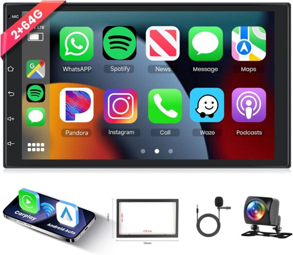 [2GB+64GB] Car Radio Double Din mit GPS Navi Android mit Wireless Carplay, Android Auto, 7 Inch Touchscreen 1080P Screen Car Stereo Radio, Bluetooth, Hifi, FM/RDS Radio, Wifi, AHD Camera, USB 2 Din - Image 2