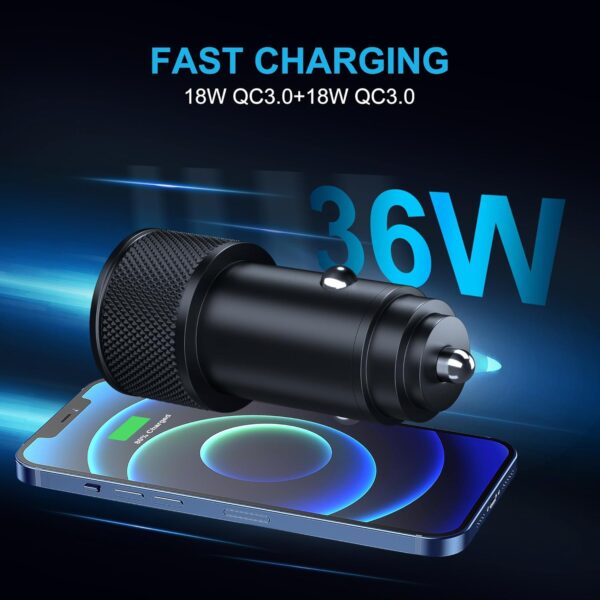 36W Car Charger for iPhone 16 15 Pro Max 16e, Samsung Galaxy S25 S24 S23 S22, Google Pixel 9 8 7, Android, 36W 2-Port QC Fast Charging Cigarette Lighter Adapter & 1m Type-C Cable, 12V/24V USB Socket - Image 3