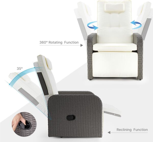 Mondeer Garden Recliner Chair, PE Rattan Lounge Armchair with Adjustable Backrest and 360° Swivel Base for Garden Terrace Indoor and Outdoor, Grey and Beige - Image 5