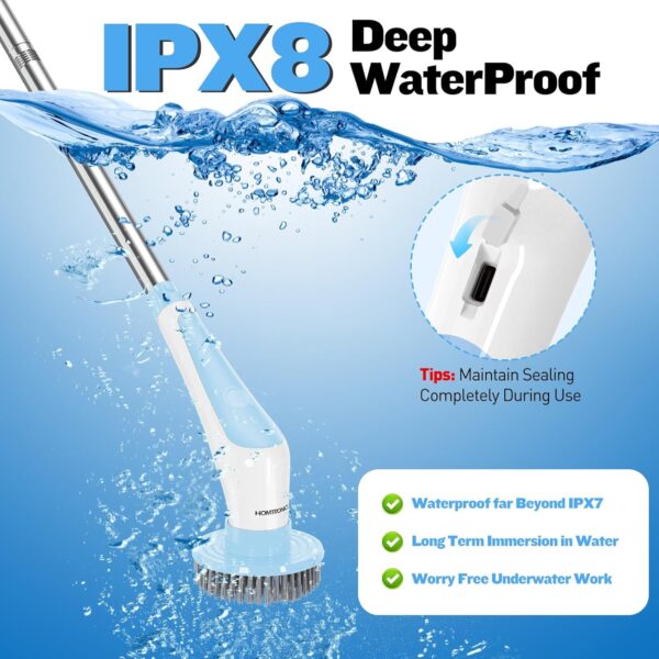 Homtronics Electric Spin Scrubber, [IPX8 Waterproof] Cordless Electric Cleaning Brush with 4 Replaceable Brush Heads, 120cm Adjustable Long Handle Power Scrubber for Bathroom, Tub, Floor, Pool (Blue) - Image 4