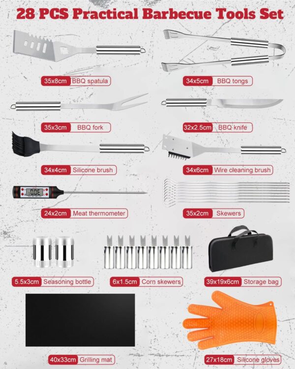 28PCS Stainless Steel BBQ Asccessories Tools Set, Practical Outdoor Grilling Utensils with Portable Case, Complete Barbecue Kit, for Men and Dads for Camping, Picnics, and Cooking. - Image 8