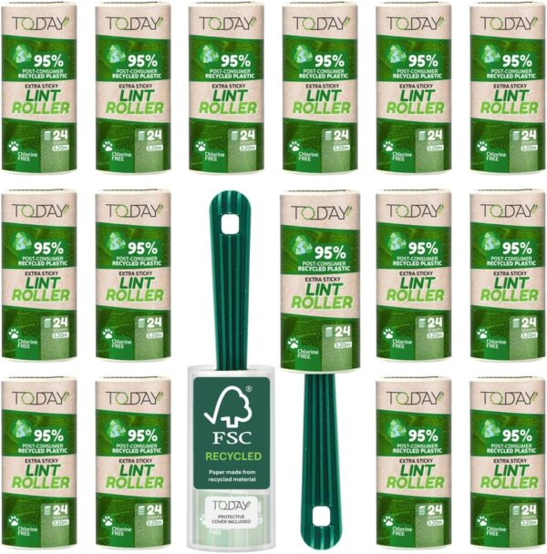 Eco - Lint Rollers 95% Recycled 16 Rolls + 2 Handles + Cover. Post-Consume Plastic Lint Remover for cat and Dog Hair, Extra Sticky pet Hair Remover - Image 2