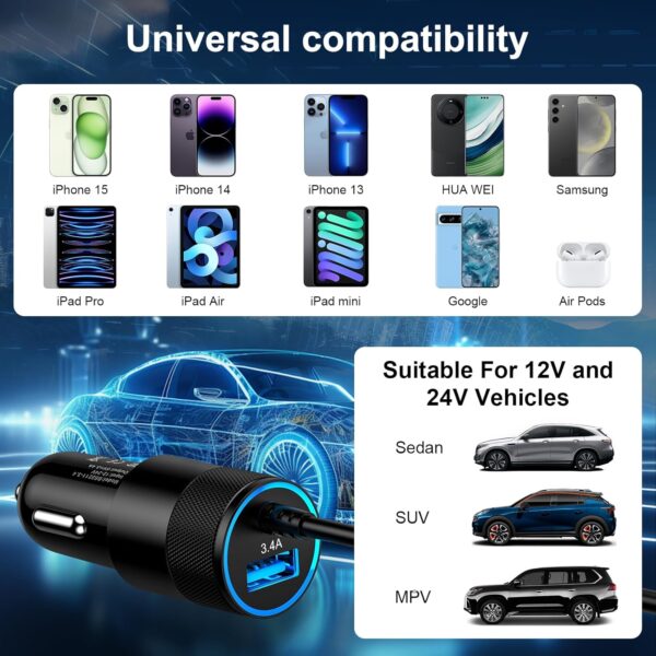3.4A Car Charger Cigarette Lighter with 3.3ft USB C Cable Fast Charge Car Phone Charger Socket for iPhone 16 Pro Max Plus 15/13/14/12 Samsung S25 S25Ultra S24 S23 S22 A54 A13 A14 A05s iPad - Image 8