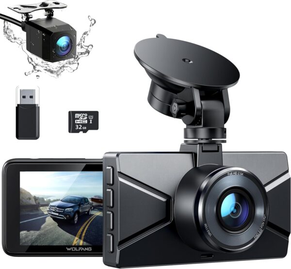 WOLFANG Dash Cam Front and Rear 2.5K, 1440P Dashcam for Cars with 3.0" LCD Display, Super Night Vision, Loop Recording, G-Sensor, 170 Wide Angle WDR, 24H Parking Guard, with SD Card and Reader - Image 2