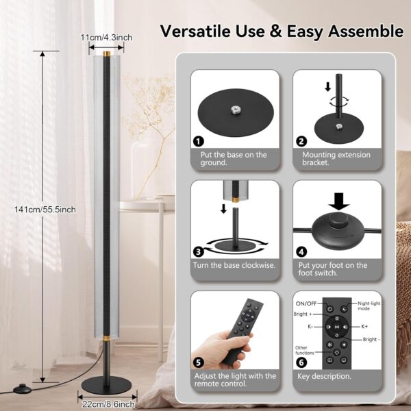 NUÜR LED Floor Lamp – Dimmable Cylindrical Frosted Standing Lamp with Remote Control, Adjustable Colors & Brightness, Industrial Lighting for Living Room, Bedroom & Office - Image 7