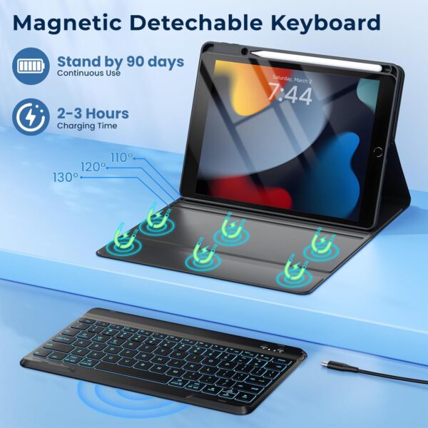 OYEEICE Enlarged Keycap Keyboard with Case for iPad 10.2 9th Generation, Anti-Fall Keycap Backlit Keyboard for iPad 8th / 7th Gen, Detachable Keyboard Case for iPad Pro 10.5 and Air 3rd Gen - Black - Image 8