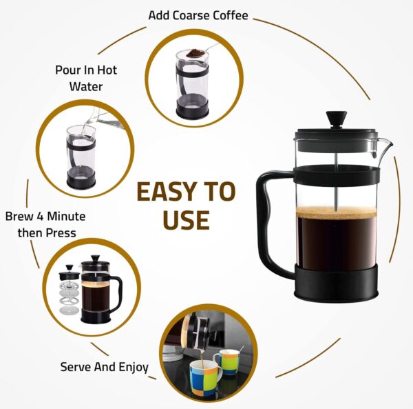 KICHLY 8 Cup French Press Coffee Maker and Tea Maker 1.0L Cafetiere with Heat Resistant Borosilicate Glass (1.0Ltr, 8 Cups, Black, Pack of 1) - Image 4