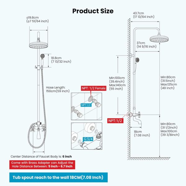 gotonovo Bathroom Shower Faucet Rain Mixer 8 Inch Round Shower Head Double Cross Handle with Tub Spout Wall Mount Bathroom Shower Fixtures 3 Function Metal Handheld Sprayer Matte Black - Image 7