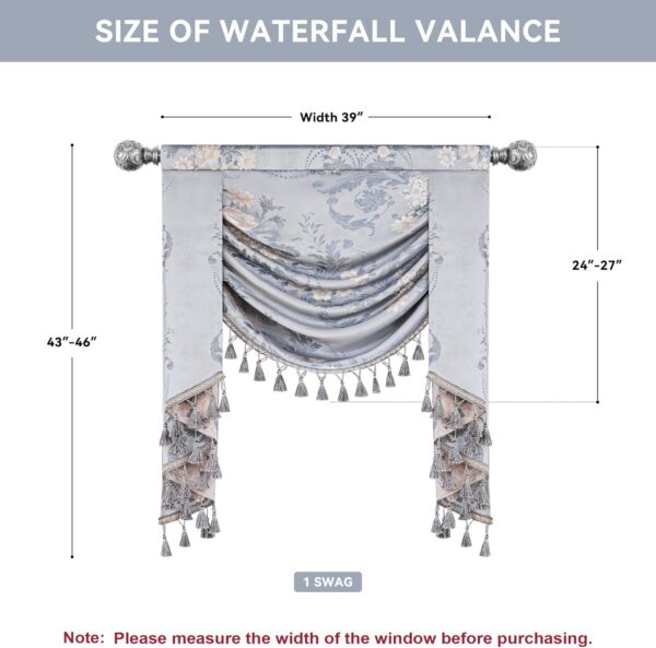 Loom and Mill Luxury Jacquard Waterfall Valance for Living Room Bedroom, Elegant European Floral Swag Window Valances with Tassels, Blue Grey Swag Curtains for Banquet Holiday Decor(W39Inch,1 Panel) - Image 3