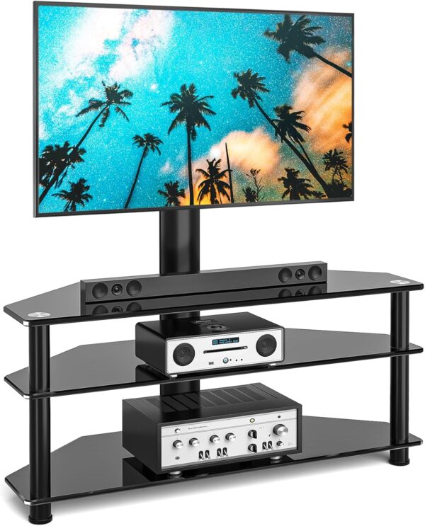 RFIVER Corner TV Stand for 32-70 inch LED LCD OLED Plasma Flat Curved TVs, Height Adjustable TV Cabinet With Bracket up to 40kgs, Swivel TV Floor Stand with Tempered Glass Shelves Max VESA 600x400mm - Image 2