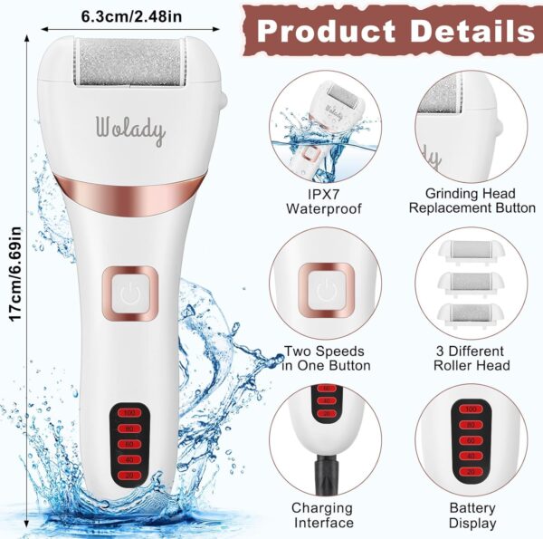 Electric Foot File, Hard Skin Remover Rechargeable Feet Scrubber Shaver Waterproof Callus Remover for Dry Dead Cracked Feet with 3 Roller Heads, White - Image 3