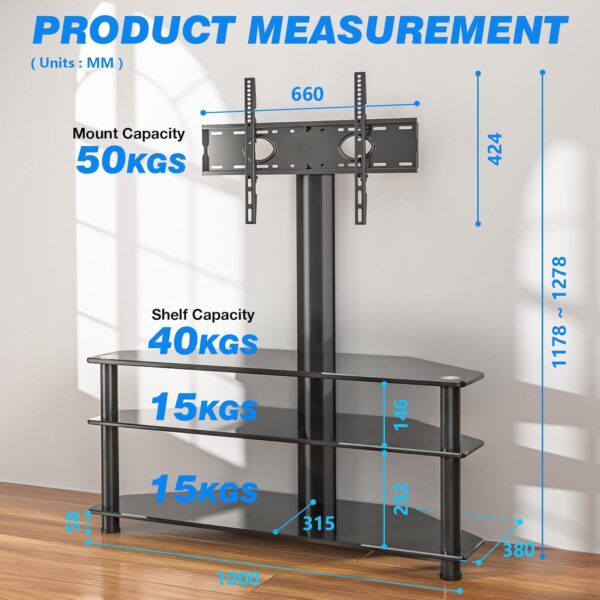 RFIVER Corner TV Stand for 32-70 inch LED LCD OLED Plasma Flat Curved TVs, Height Adjustable TV Cabinet With Bracket up to 40kgs, Swivel TV Floor Stand with Tempered Glass Shelves Max VESA 600x400mm - Image 5